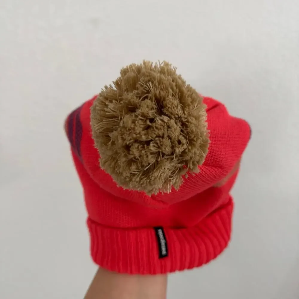 Patagonia Kid's Powder Town Pom Pom Beanie Forest Stripe Knit​ / Sumac Red OS